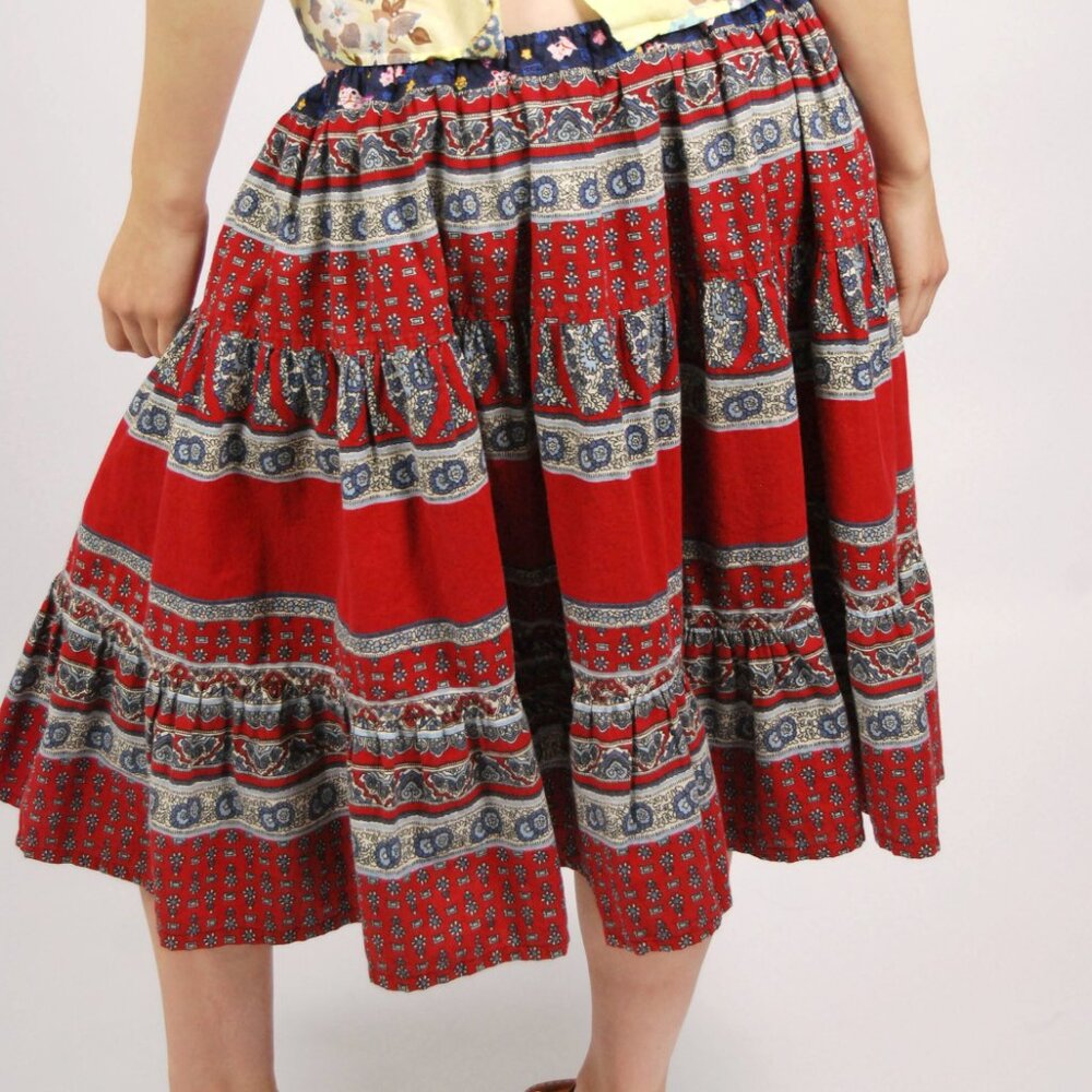 70s Peasant Midi Skirt (M) medium red blue vintage floral print boho hippie cute - Picture 7 of 7